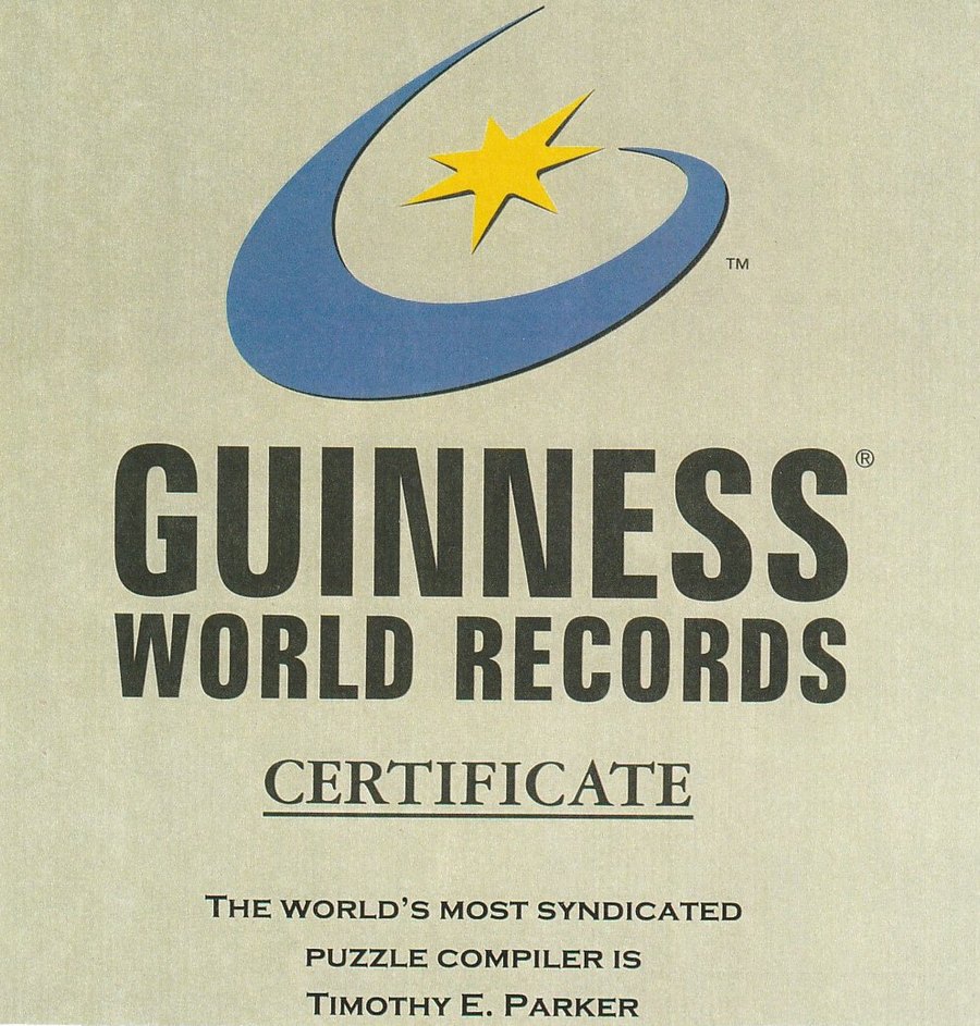 Guinness World Records certificate naming Timothy E. Parker the world's most syndicated puzzle compiler